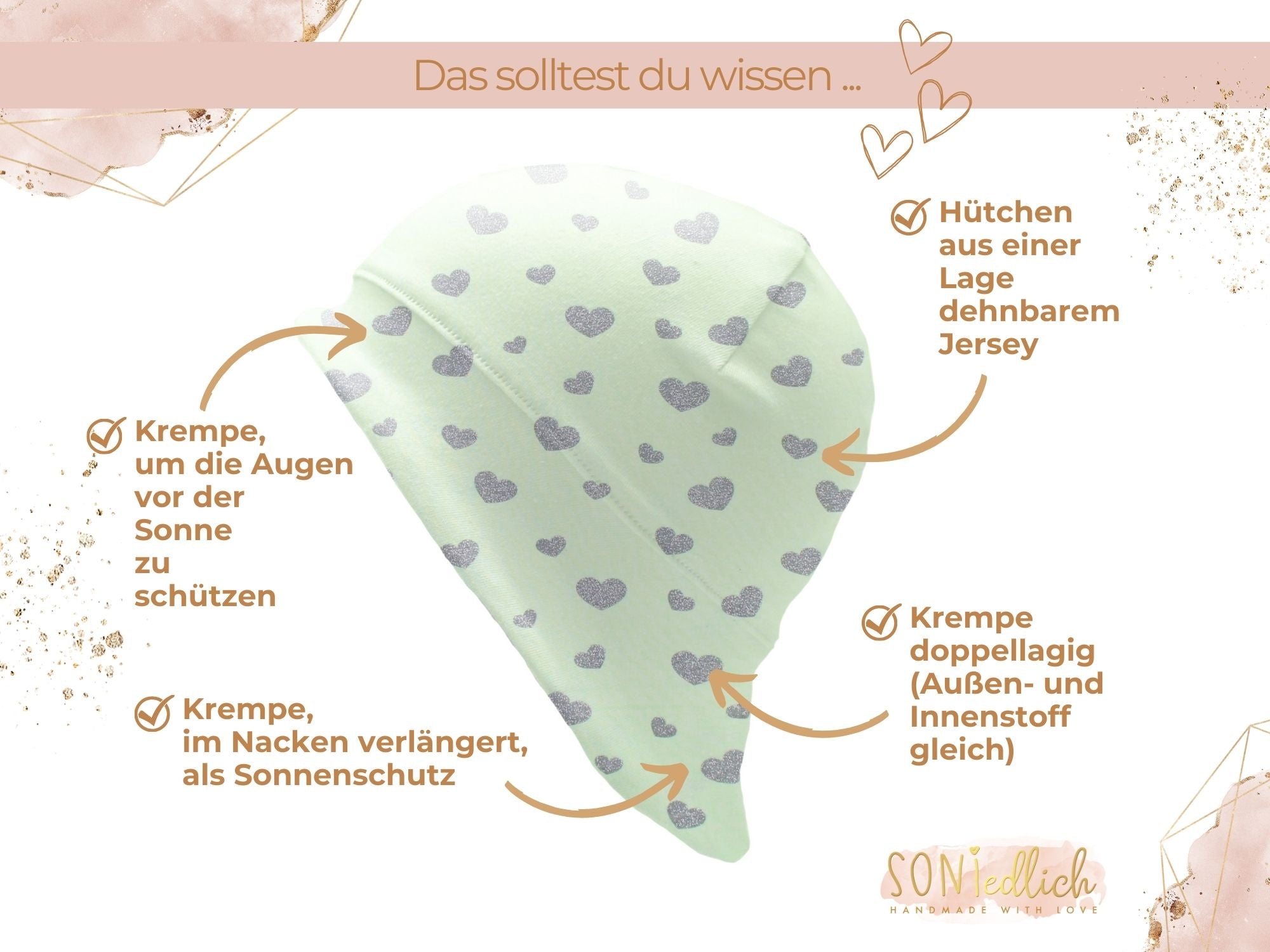 Sonnenhut für Babys und Kinder „Glitzerherzen, mint“ Details